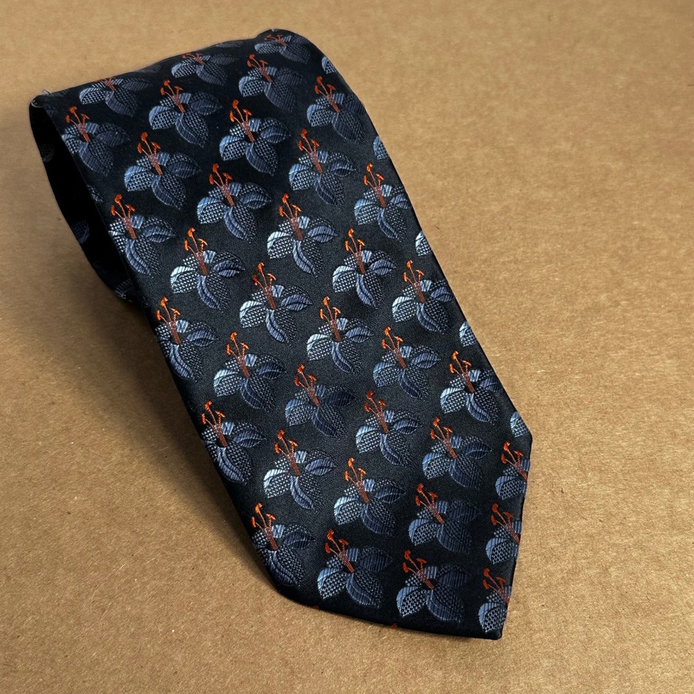 Ermenegildo Zegna Silk Tie Mens XL Navy Blue Orange Floral Lily Good Jacquard
